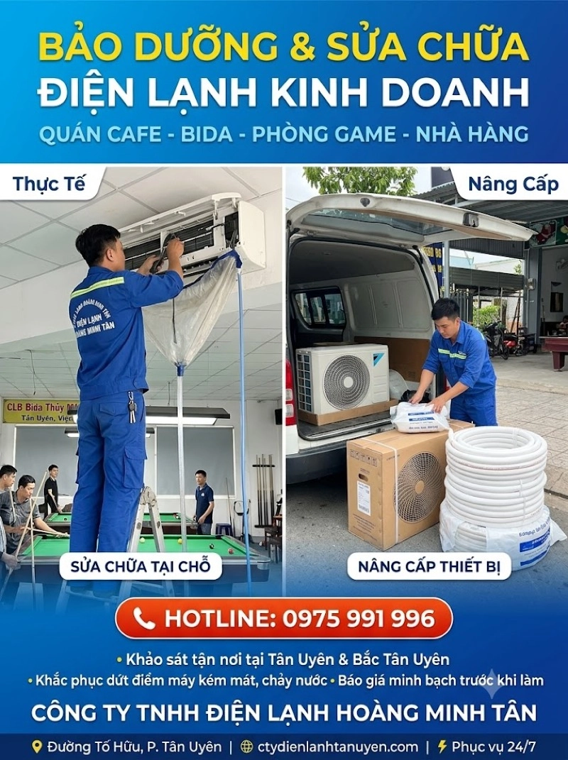 Dịch Vụ Sửa Chữa &amp; Bảo Trì Máy Lạnh Cho Quán Cafe, CLB Bida, Quán Ăn Tại Tân Uyên